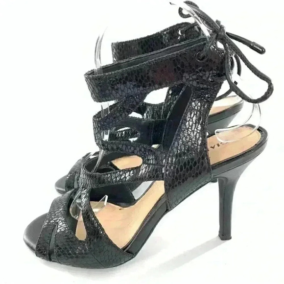 Gianni Bini heels size 6.5 black leather snakeskin embossed lace up party - Picture 5 of 12